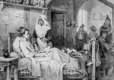 A lithograph of a woman sitting up in bed while a nurse attends to her. 
